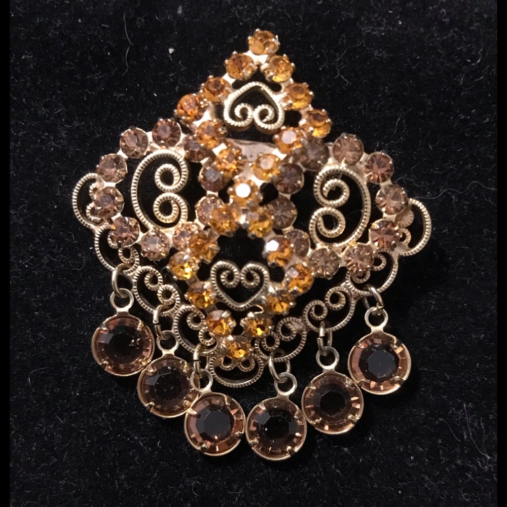 Vintage Gold Filigree Diamond Shaped Pin w Multi “Topaz” Stones, EUC